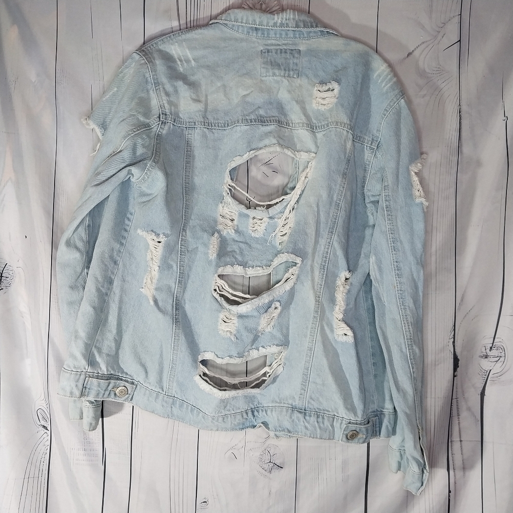 Wax Jean Basic Denim Light Wash Grunge Edgy Thrashed Y2K Festival Denim Jacket - Picture 9 of 15